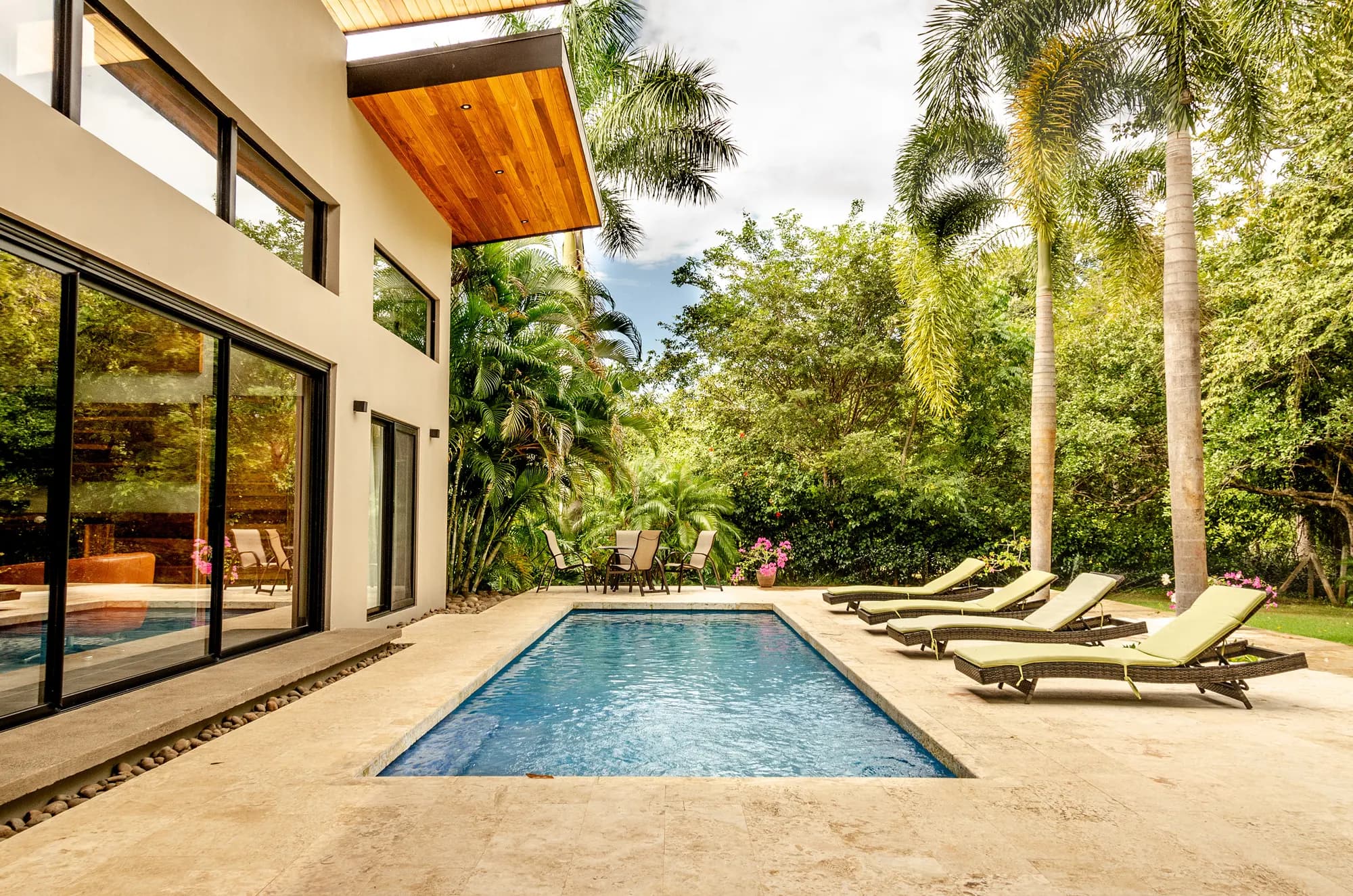 A villa pool at the end of the afternoon with palms behind it